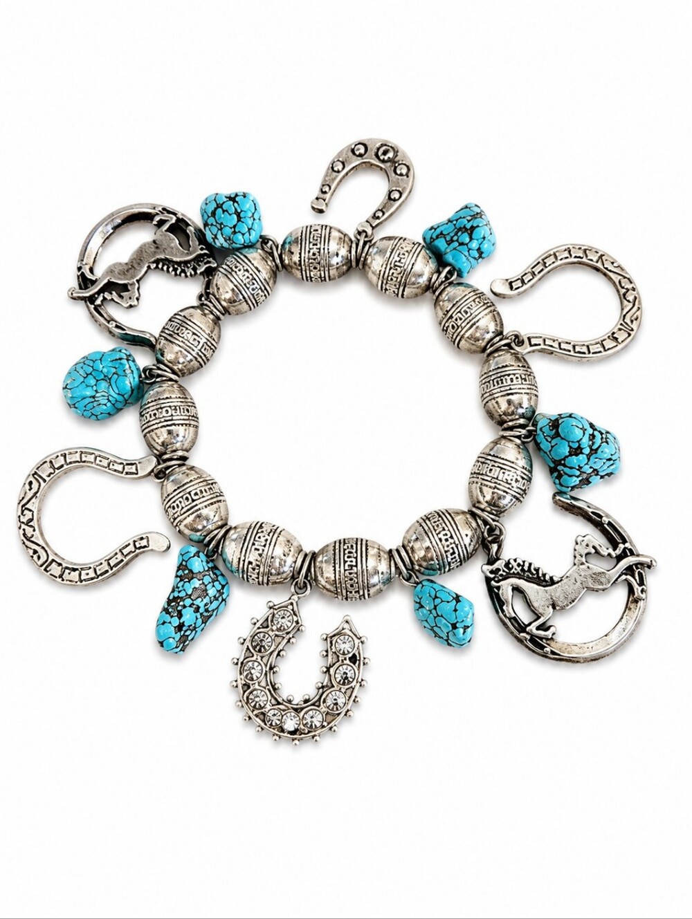 Cowboy Core Horseshoe Turquoise Western Metal Beaded Stretch Charm Bracelet